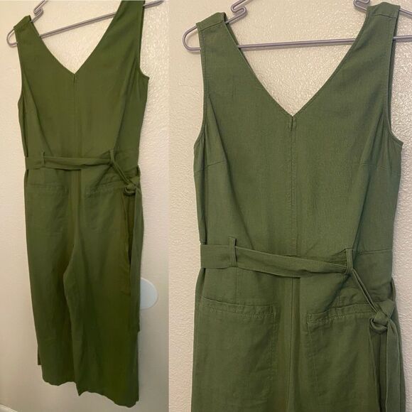 Dip v neck linen blend green tie waist lagenlook boho jumpsuit romper wide leg 6 - Picture 1 of 12